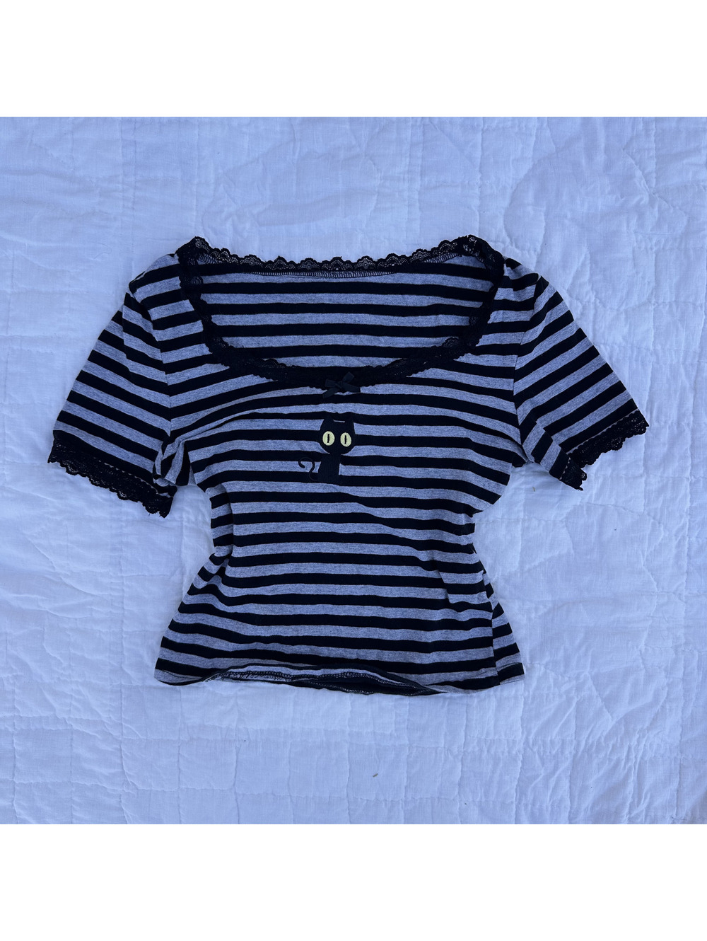 Halloween Tops | Striped Cotton Baby Tee with Cat Graphic